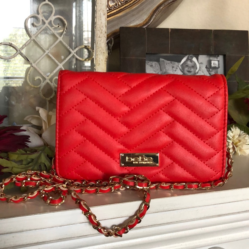 Bebe red quilted faux leather with gold chain